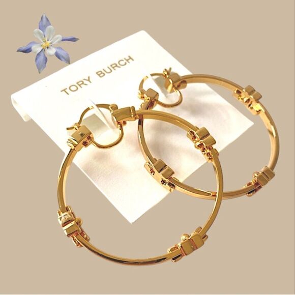 Tory Burch Gold Hoop Earrings with T logo - Picture 1 of 4